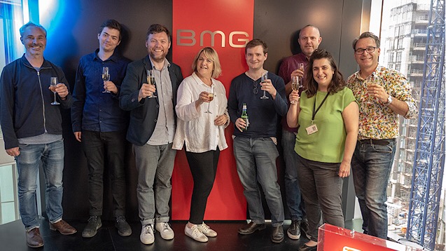 (Left to Right): Caspar Kedros (BMG Production Music), Thom Robson (BMG Production Music), Scott Doran (BMG Production Music), Carolynne Wyper (Matt Sheeran Manager), Matt Sheeran, Hugo Turquet (BMG), Berrin Latif (BMG), Alistair Norbury (BMG)